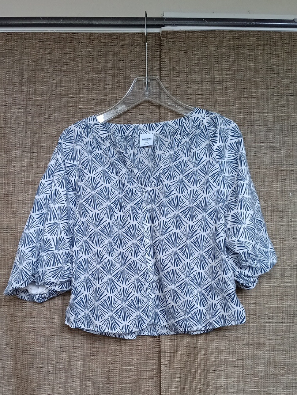 Sonoma Navy and White Printed Puff-Sleeve Blouse Cotton Blend